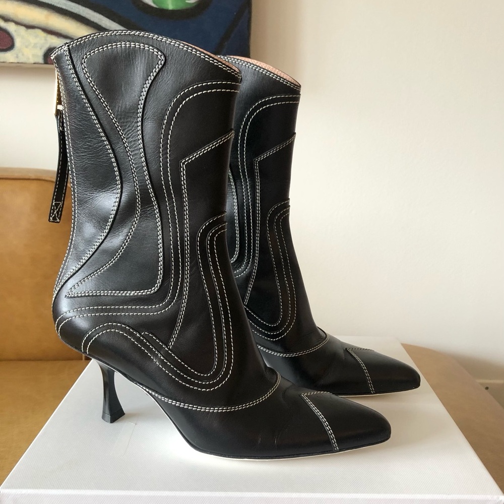 Zimmermann Liquid Patchwork Mid-Rise Bootie Heels in Black, Sz 7